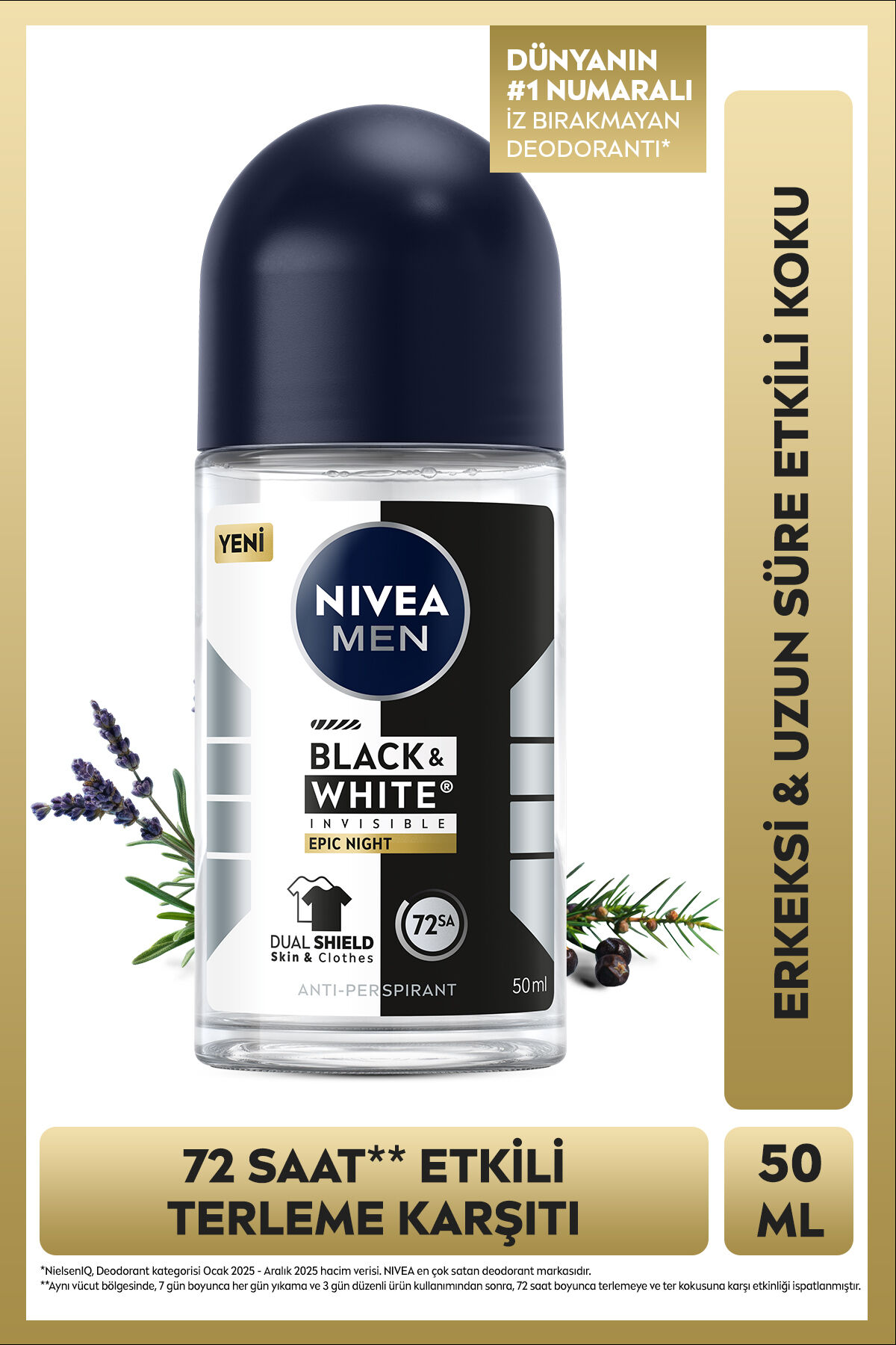 MEN Erkek Roll-on Deodorant Black&White Epic Night 50 ml,Terleme Karşıtı,Kumaş Koruması,Alkolsüz