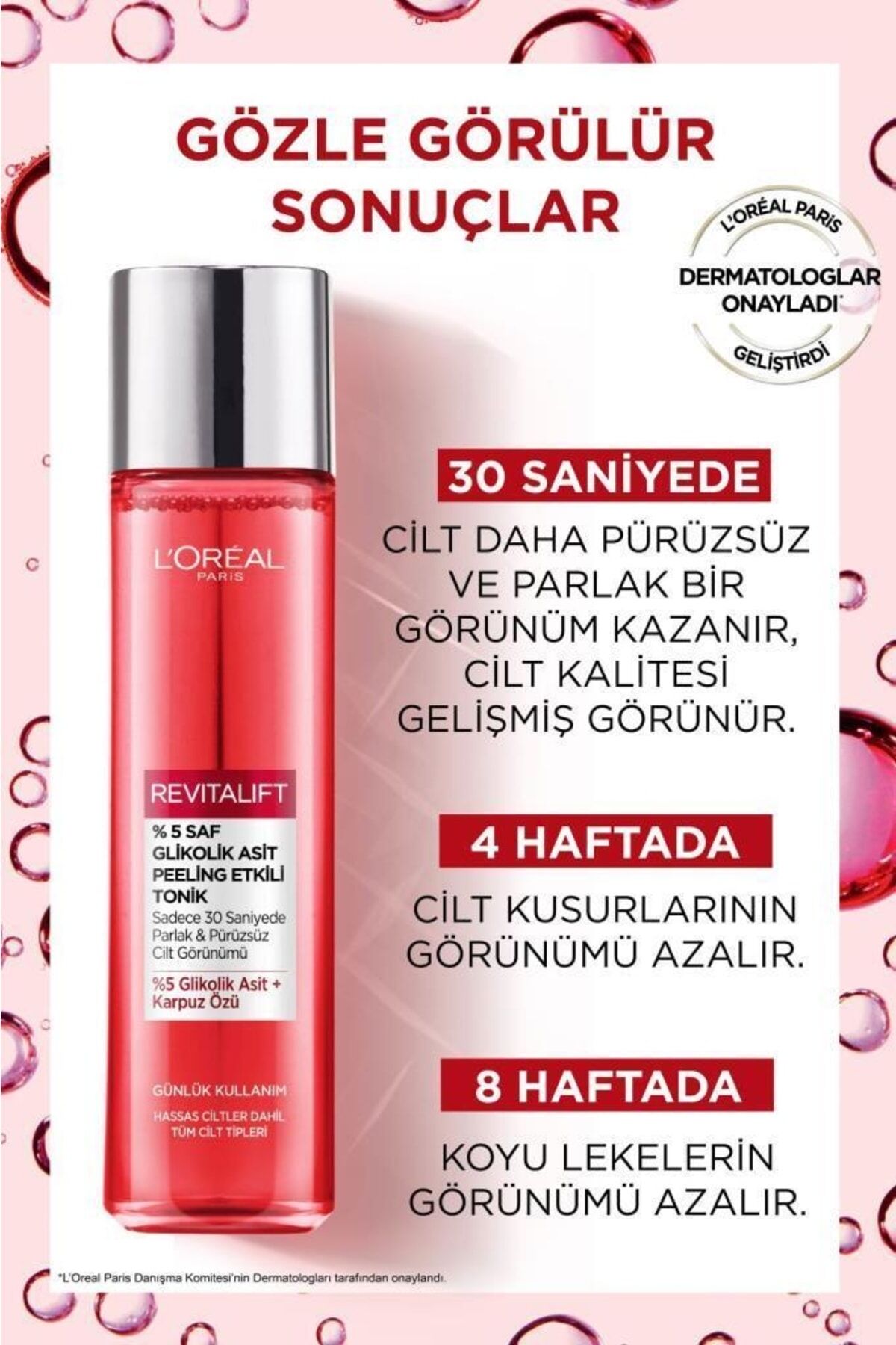 L'Oreal Paris Revitalift Parlak&pürüzsüz, Koyu Leke Karşıtı Peeling Etkili Tonik, %5 Saf Glikolik Asit 180 ml