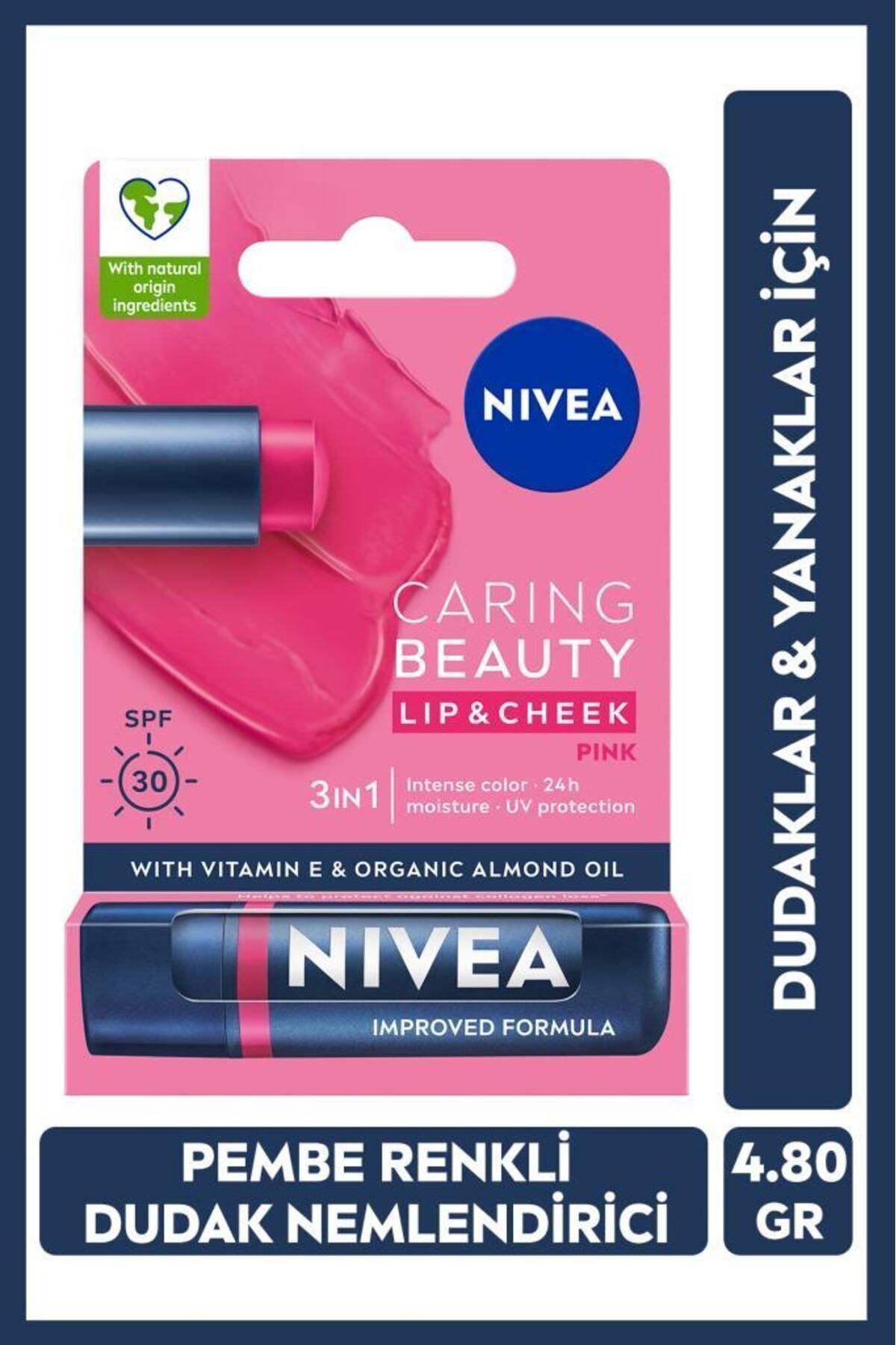 NIVEA Renkli Dudak Bakım Kremi,Pembe,4,8gr,Nemlendirme,SPF30,Doğal Yağlar,E Vitamini,Dudak ve Yanak İçin