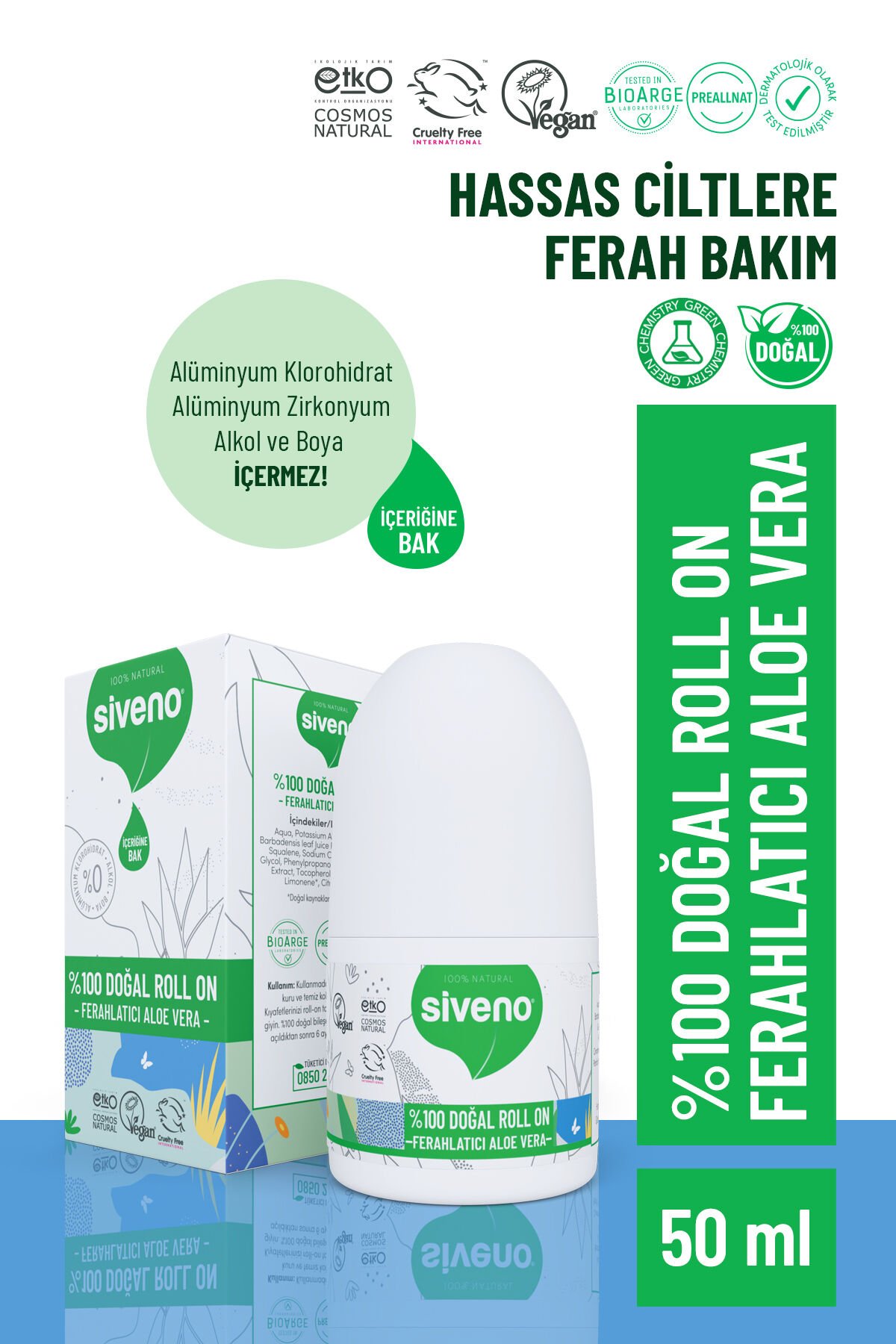 %100 Doğal Roll-on Aloe Vera Deodorant Ter Kokusu Önleyici Bitkisel Lekesiz Vegan 50 ml