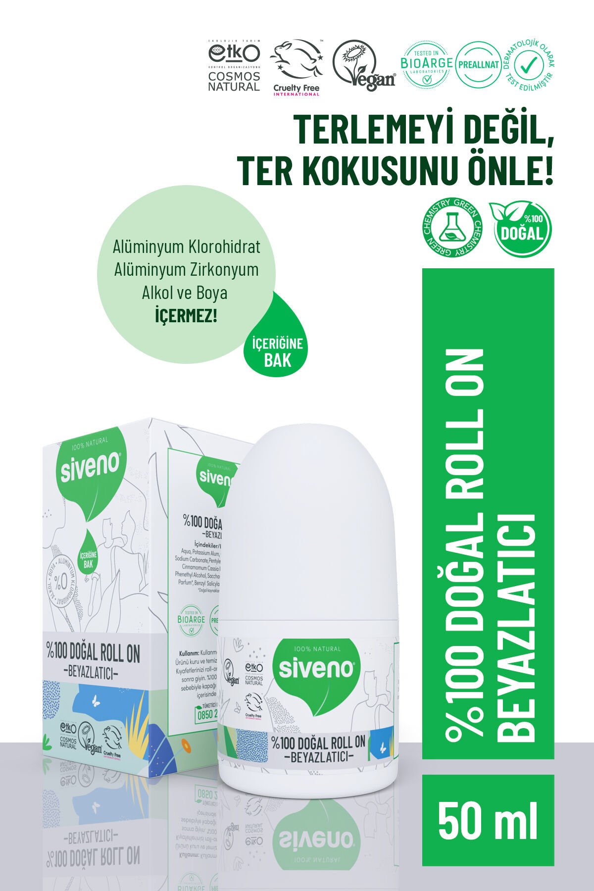 %100 Doğal Roll-on Beyazlatıcı Etkili Deodorant Ter Kokusu Önleyici Bitkisel Lekesiz Vegan 50 ml