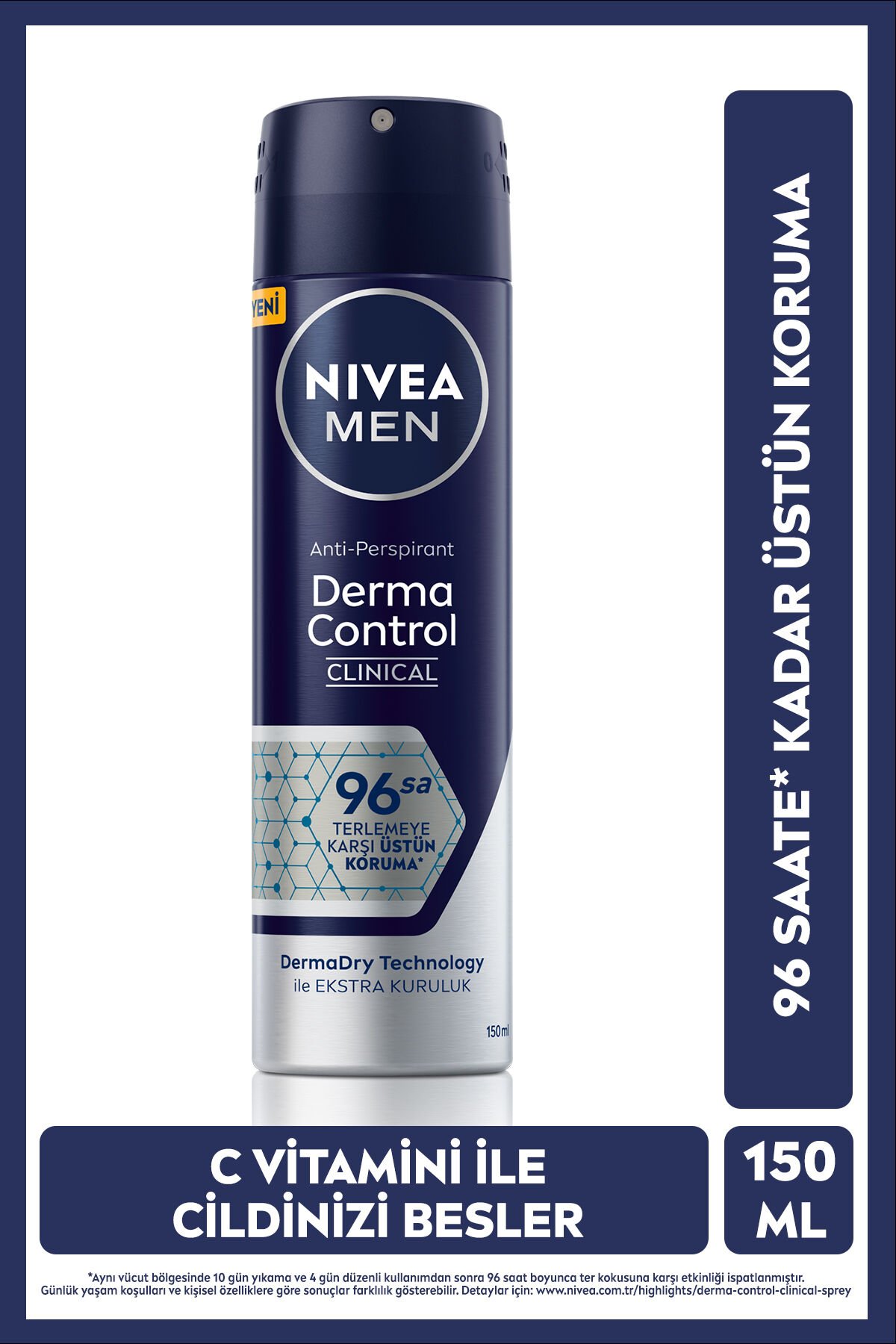 MEN Erkek Sprey Deodorant Derma Control Clinical 150ml,96 Saat Anti-Perspirant Koruma,C Vitamini