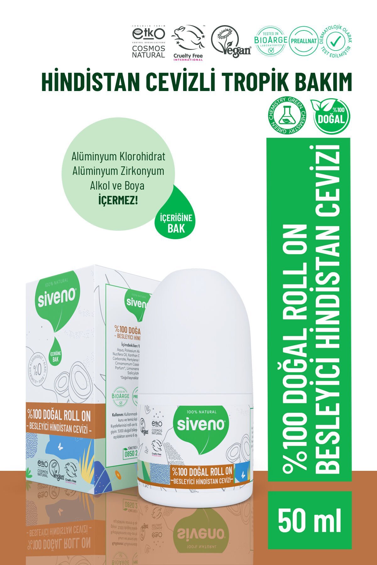 %100 Doğal Roll-on Hindistan Cevizli Deodorant Ter Kokusu Önleyici Bitkisel Lekesiz Vegan 50 ml