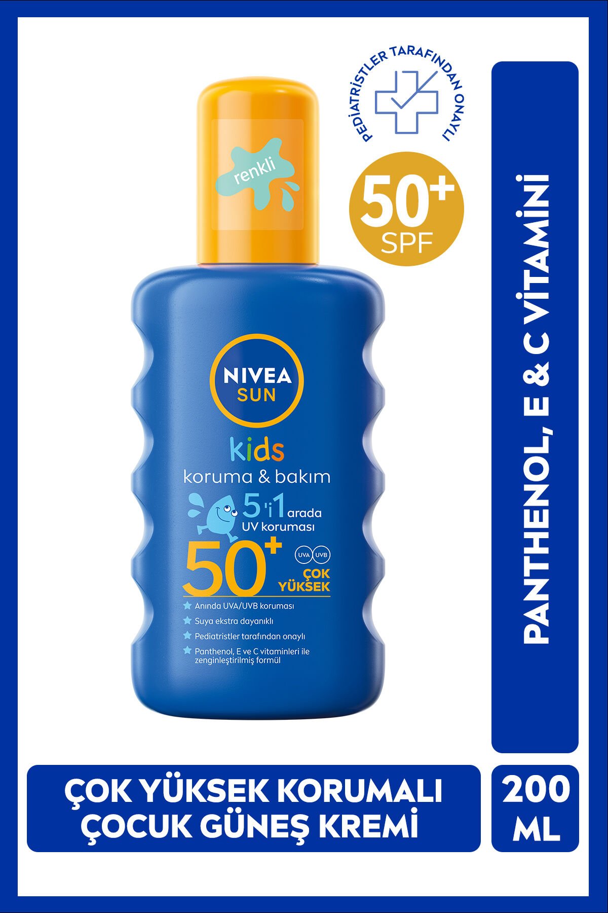 SUN SPF50 Çocuklar İçin Yüksek Güneş Koruyucu Vücut Spreyi 200ml,Suya Dayanıklı,E&C Vitamini