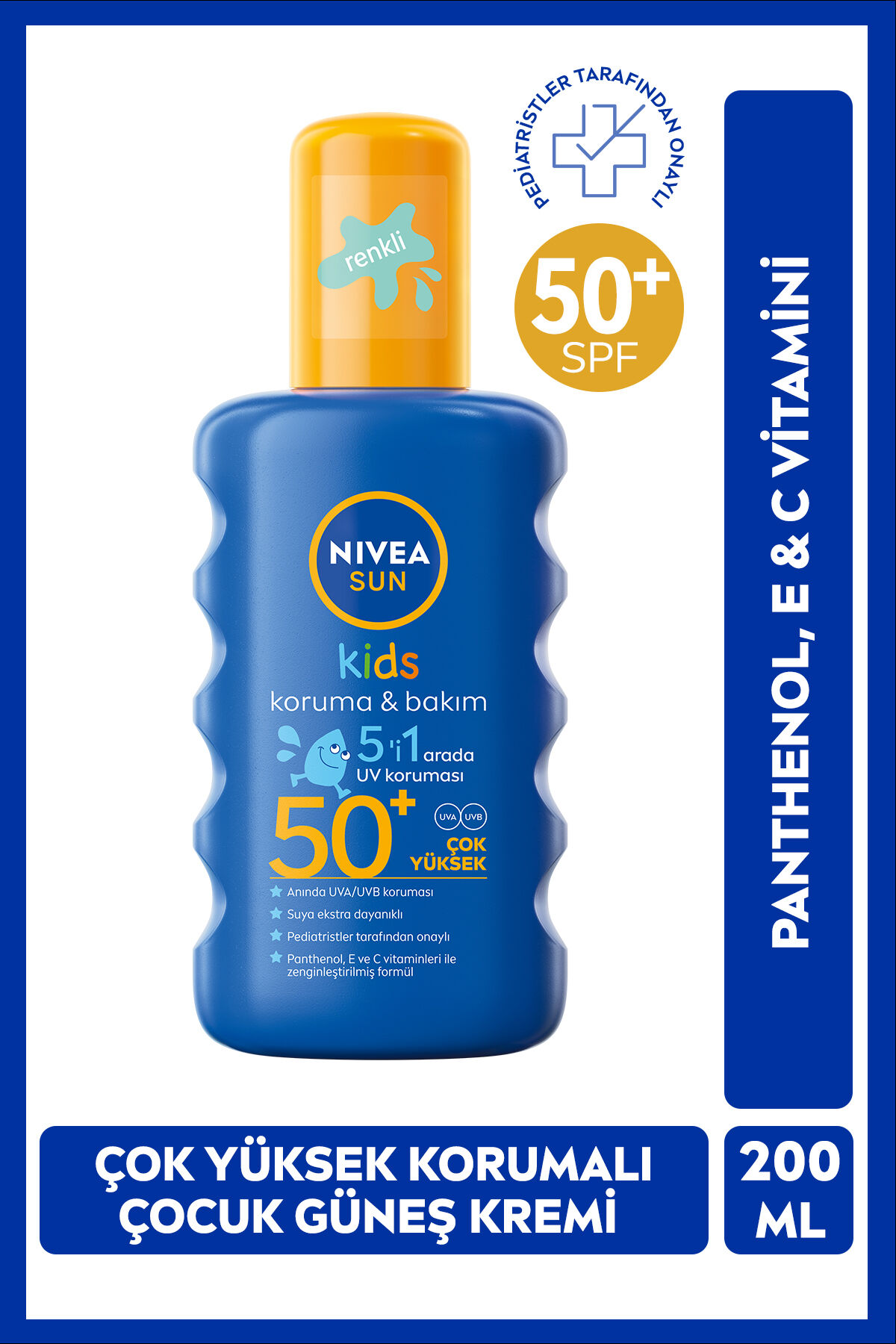 SUN SPF50 Çocuklar İçin Yüksek Güneş Koruyucu Vücut Spreyi 200ml,Suya Dayanıklı,E&C Vitamini