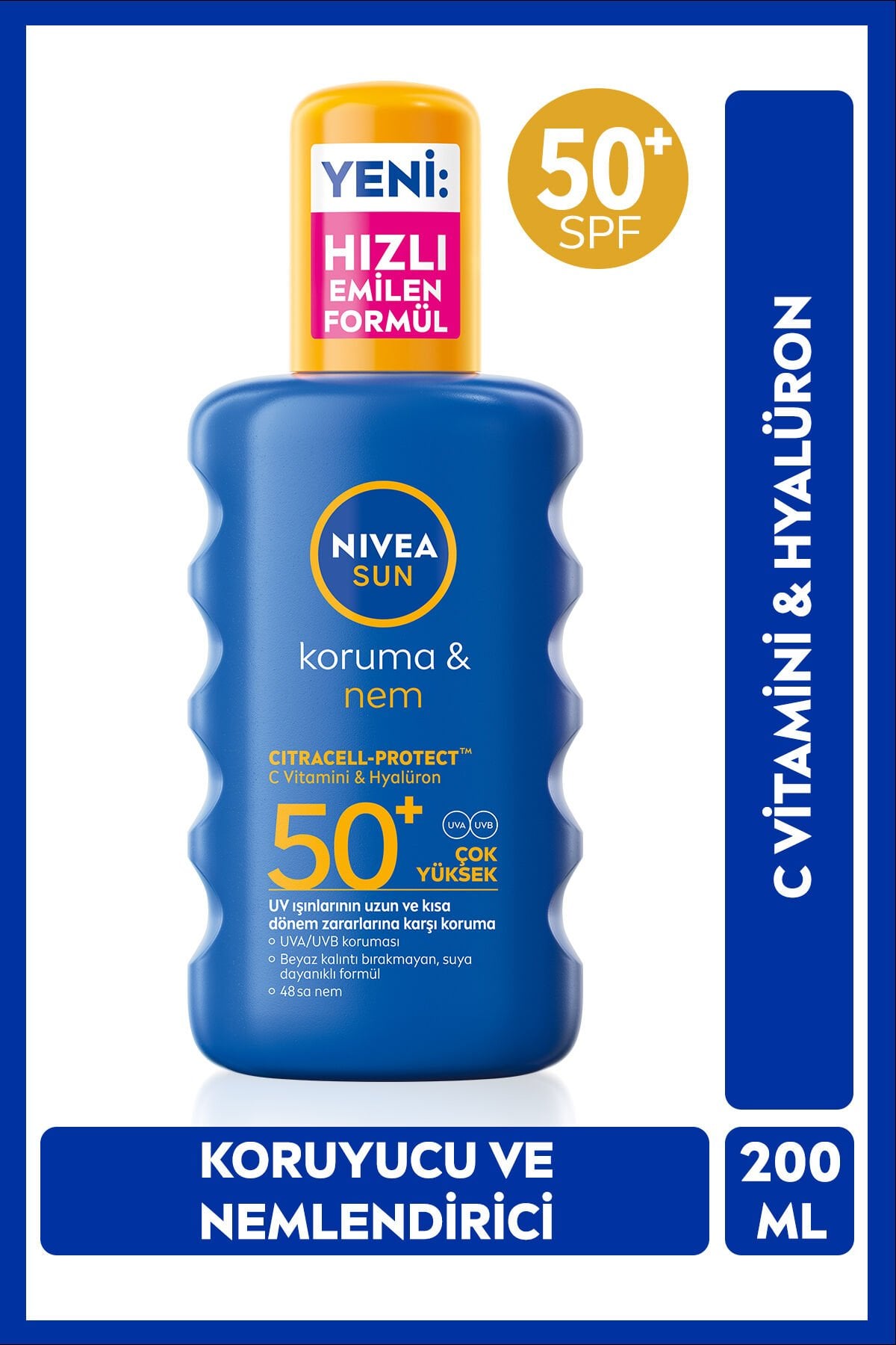 SUN SPF 50+ Yüksek Güneş Koruyucu ve Nemlendirici Vücut Spreyi 200ml,Suya Dayanıklı,C Vitamini