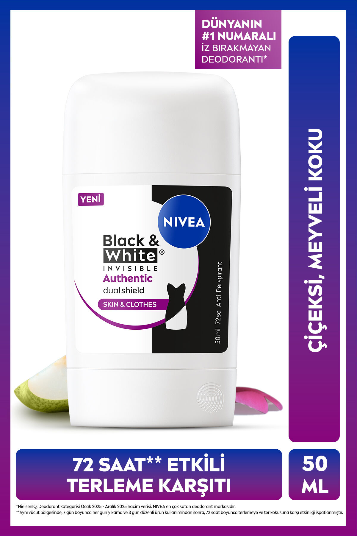 Kadın Stick Deodorant Black&White Authentic 50 ml,Terleme Karşıtı,Meyve,Çiçek Kokusu,Kumaş Koruması