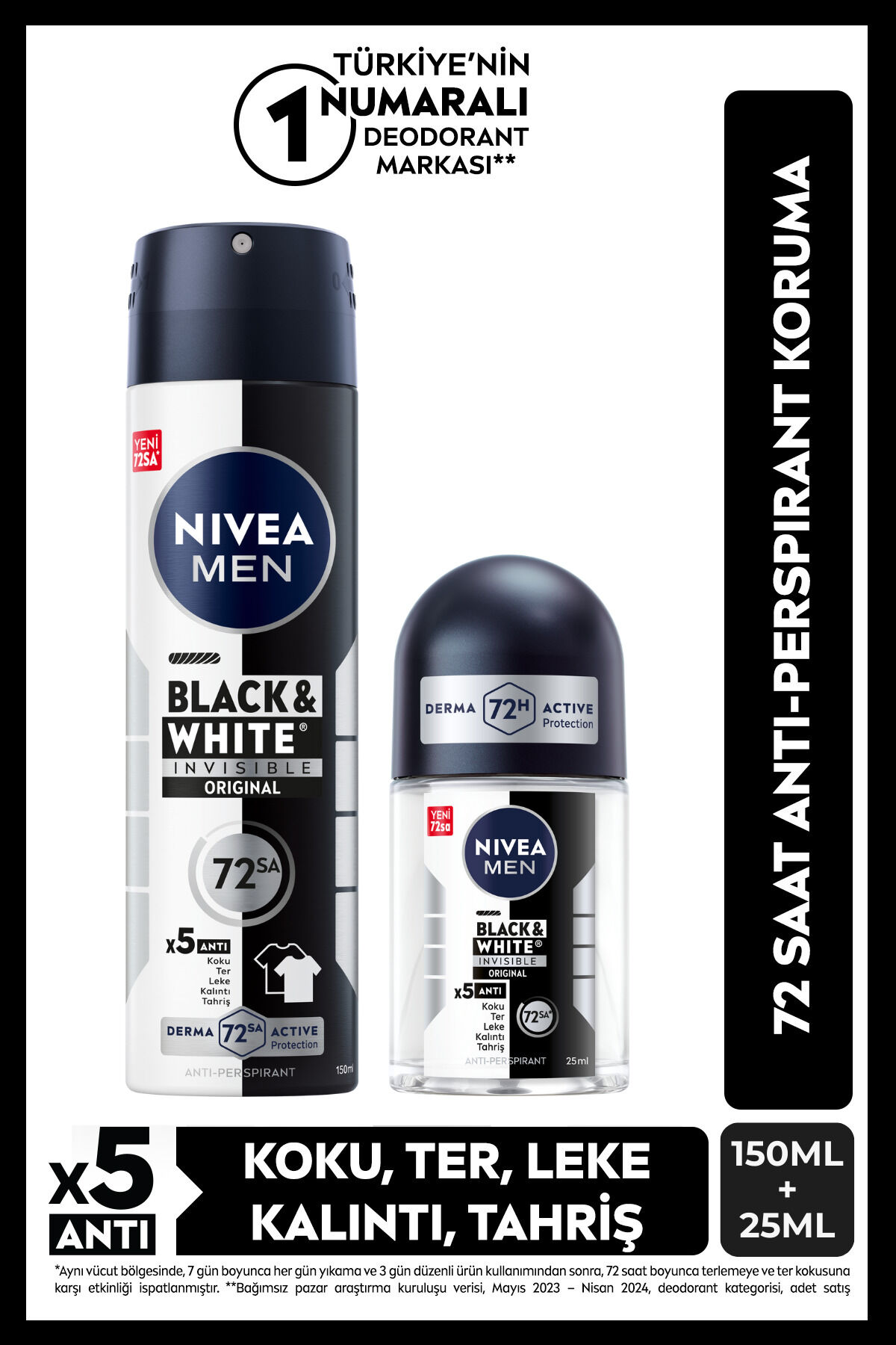 MEN Erkek Sprey Deodorant Black&White 150ml Ve Mini Roll-on 25ml, 72 Saat Anti-perspirant Ter Koruma